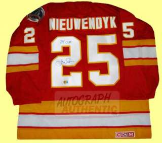 Calgary Flames jersey autographed by Joe Nieuwendyk. The jersey is 