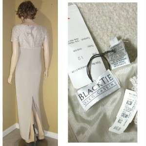 Statuesque OLEG CASSINI $500 Gown LACY SOFT BEIGE Gown BEADED EMPIRE 