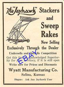 1924 WYATT JAYHAWK HAY STRAW STACKER AD RAKE SALINA KS  