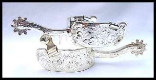 Youth Silver Hand Engraved Rowel Equitation Spurs with Gooseneck Shank 