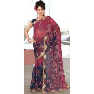 Scarlet Red and Purple Wedding Sari with Ari Embroidered Flowers and 