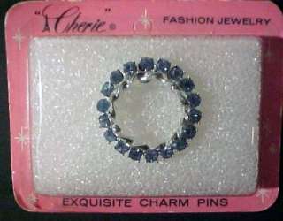 Vintage BLUE RHINESTONE Circle Pin Brooch MINT Cherie  