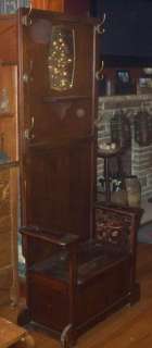 Antique Oak Hall Bench, Rack, seat & mirror 6 brass hooks  