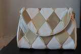 Vintage 80s DIAMOND Gold and Cream Patchwok LEATHER Clutch Purse 