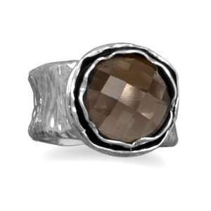 Smoky Quartz Ring Round Textured Concave Band Antiqued Sterling Silver
