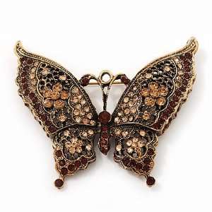 Large Amber/Citrine Crystal Butterfly Brooch In Burn Gold Finish   7 