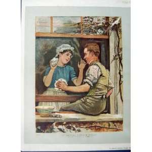    1886 Colour Print Man Lady Cleaning Windows Romance