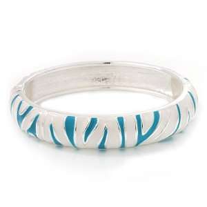 Aqua Blue/White Zebra Pattern Hinged Bangle Bracelet In Rhodium Plated 