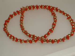 CARAT GOLD BEAD & CORAL NECKLACE 24 INCH 6MM BEADS  