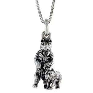 925 Sterling Silver Bear with Cub Pendant (w/ 18 Silver Chain), 13/16 