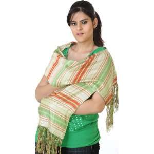  Pure Silk Striped Scarf with Long Tassels   Pure Silk 