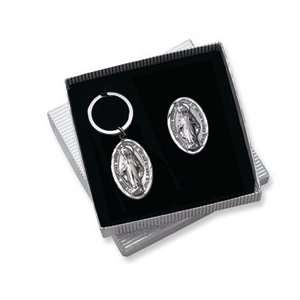  Pewter Miraculous Medal Key Ring and Car Visor Clip Set Jewelry