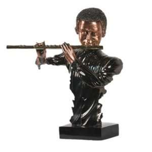 Musician Concentrating Playing Flute Bronze Finish Decorative Statue 