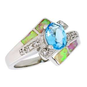 Sterling Silver, Synthetic Pink Opal Ring, w/ Oval Shape Blue Topaz CZ 