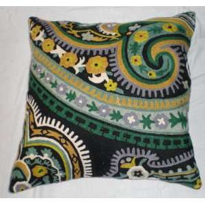   Crewel Pillow Mohana Black n Green Cotton Duck (20X20)