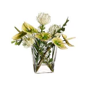  12Hx16Wx9L Ant/Pro/Euphorbia in Glass Vase Olive Green 