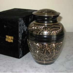 Black Engraved 7 Pet Cremation Urn, Includes Velvet Case, Solid Brass 
