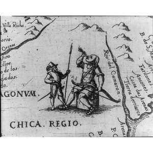   Patagonian Indian holding bow,arrow,engraved map,1603
