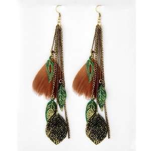   Earrings with Brown Feathers Green Patina Leaf Dangles & Chain Accents