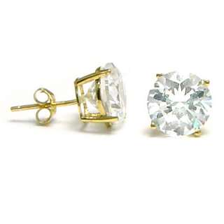 Solid Solitaire Round CZ Stud Earrings 14K Yellow Gold  