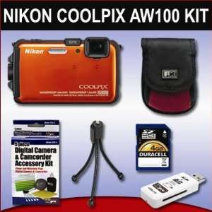 Nikon Coolpix AW100 Digital Camera (Orange) 4GB Bundle 