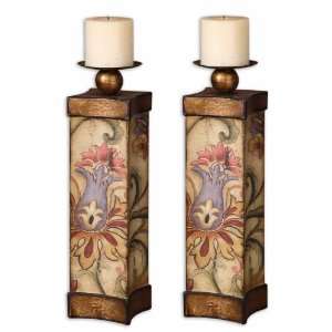   Candleholders, S/2 Bronze Adorned With Colorful Work Candles Included