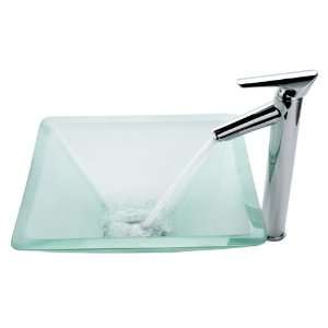    1800CH Frosted Aquamarine Glass Vessel Sink and Decus Faucet, Chrome