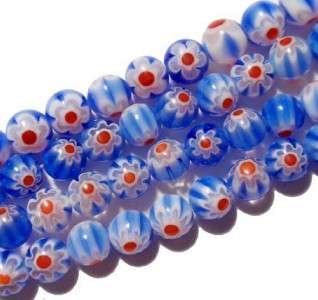 Rosary Bead Necklace ~ Millefiori ~ Red White Blue  