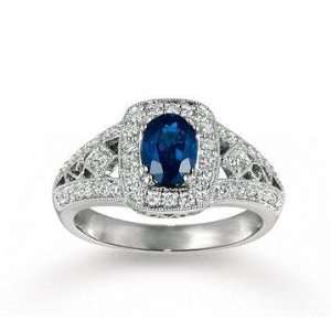  14k White Gold Oval Blue Sapphire Filigree Diamond Ring 