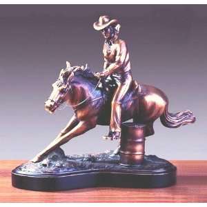 Bronze Barrel Racing Horse Sculpture   9.5 Tall x 12 Wide   Woodtone 