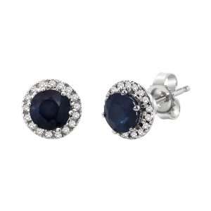   Gold Round Blue Sapphire and Diamond Halo Stud Earrings (1.33 cttw