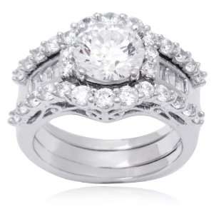  Sterling Silver and Round Cut Cubic Zirconia Triple Band 