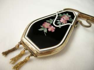 Antique Sterling Silver Guilloche Enamel Compact Dance Purse with 