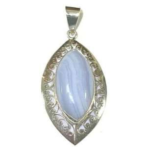  Blue Lace Agate & Sterling Silver Marquis Pendant