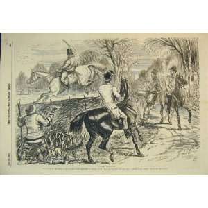  1856 Horse Hunting Jumping Fence Country Lane Old Print 