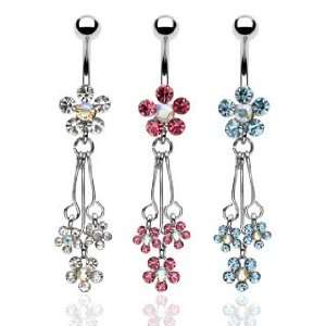 Clear Cubic Zirconia Flower Navel Ring with 3 Cubic Zirconia Flower 