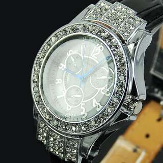   Women Lady Black PU Leather Manmade Diamonds Quartz Wristwatch  