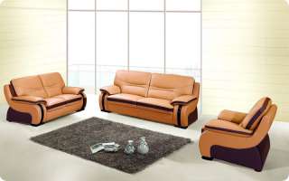 Modern leather sofa loveseat chair set wooden trim  
