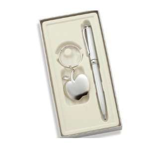   Apple Key Ring and Silver Ballpoint Pen with Gift Box