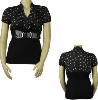 SeXY WoMeNS PLuS SiZe ViNTaGe RuFFLeD CoLLaR DoTS BeLTeD SHiRT BLoUSE 