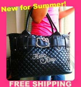 NEW HELLO KITTY by Sanrio Black Leather Handbag Purse Tote Bag FREE 