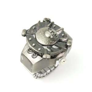Ladys Stainless Steel Antique Silver Ring Watch with Happy Bear Cover
