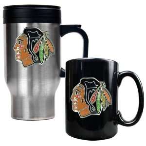 Chicago Blackhawks NHL Stainless Steel Travel Mug & Black Ceramic Mug 