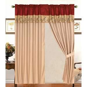  Burgundy and Tan Embroidered Curtain Set