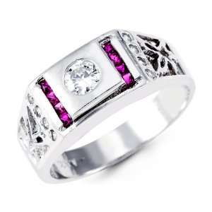  Mens Solid 14k White Gold Purple Princess Round CZ Ring Jewelry