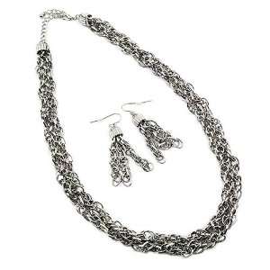  Metal Casting Silvertone Twisted Necklace Earring Set 