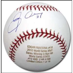Autographed Edgar Renteria Ball   with 2010 WS MVP w STATS 