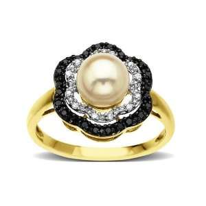    Pearl Ring with Black and White Diamonds in 14K Gold Jewelry