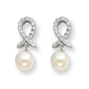   Silver Ribbon CZ and Freshwater Cultured Pearl Earrings Jewelry