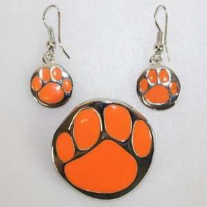  Silver & Orange Tiger Paw Pendant (Brooch) & Dangle 